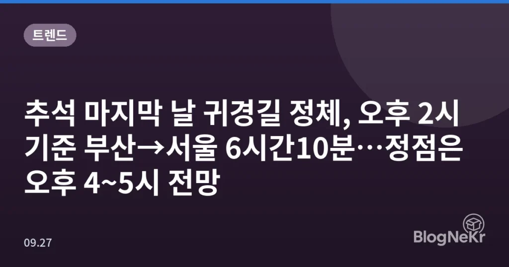 추석 마지막 날 귀경길 정체, 오후 2시 기준 부산→서울 6시간10분…정점은 오후 4~5시 전망