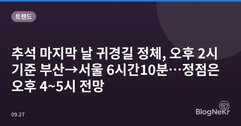추석 마지막 날 귀경길 정체, 오후 2시 기준 부산→서울 6시간10분…정점은 오후 4~5시 전망