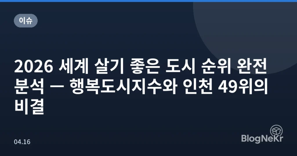 2026 세계 살기 좋은 도시 순위 완전 분석 — 행복도시지수와 인천 49위의 비결