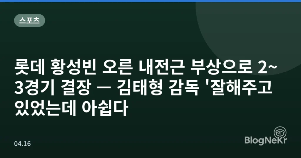 롯데 황성빈 오른 내전근 부상으로 2~3경기 결장 — 김태형 감독 '잘해주고 있었는데 아쉽다
