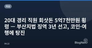 20대 경리 직원 회삿돈 5억7천만원 횡령 — 부산지법 징역 3년 선고, 코인·여행에 탕진
