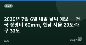 2026년 7월 6일 내일 날씨 예보 — 전국 장맛비 60mm, 한낮 서울 29도·대구 32도