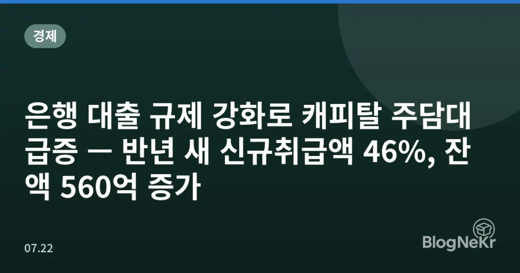 은행 대출 규제 강화로 캐피탈 주담대 급증 — 반년 새 신규취급액 46%, 잔액 560억 증가