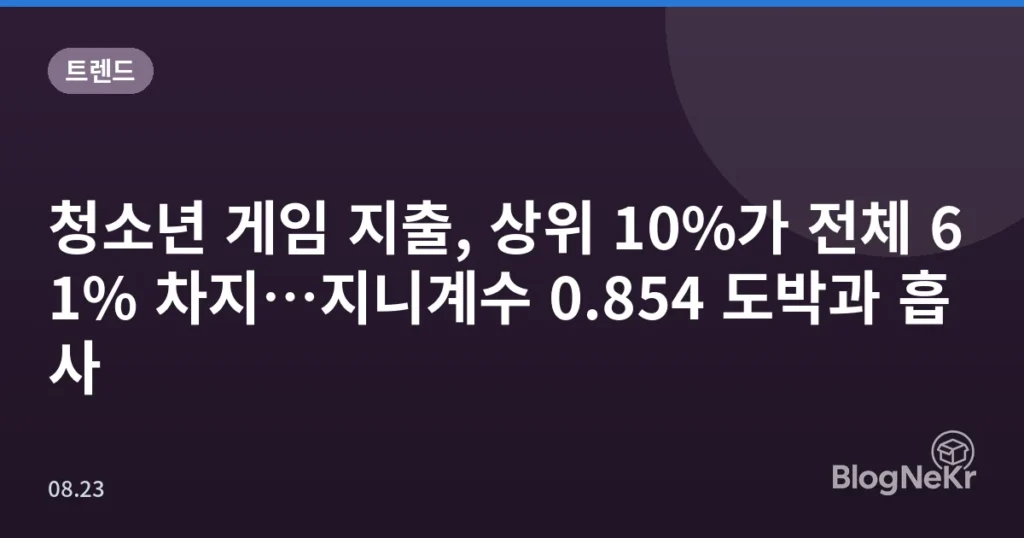 청소년 게임 지출, 상위 10%가 전체 61% 차지…지니계수 0.854 도박과 흡사