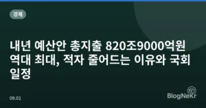 내년 예산안 총지출 820조9000억원 역대 최대, 적자 줄어드는 이유와 국회 일정