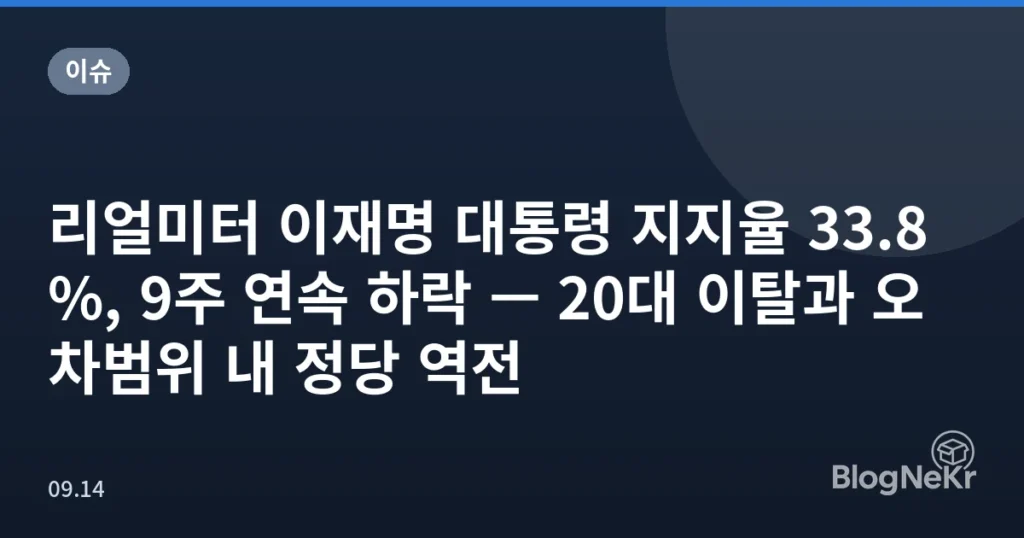 리얼미터 이재명 대통령 지지율 33.8%, 9주 연속 하락 — 20대 이탈과 오차범위 내 정당 역전