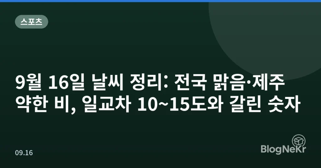 9월 16일 날씨 정리: 전국 맑음·제주 약한 비, 일교차 10~15도와 갈린 숫자