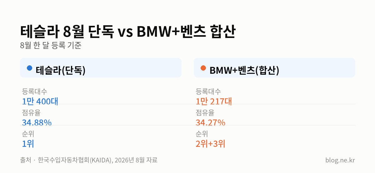 테슬라 8월 단독 vs BMW+벤츠 합산 인포그래픽