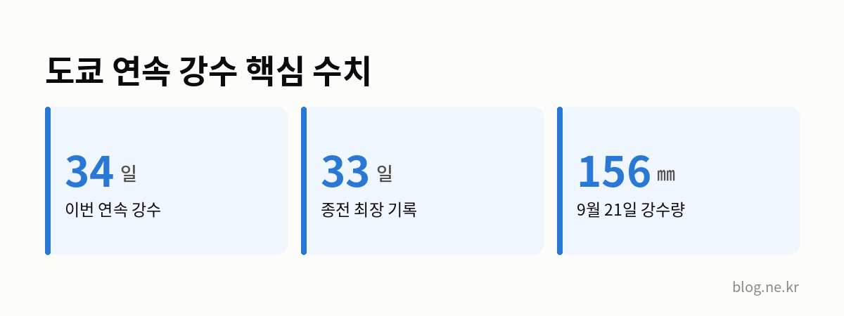도쿄 연속 강수 핵심 수치 인포그래픽