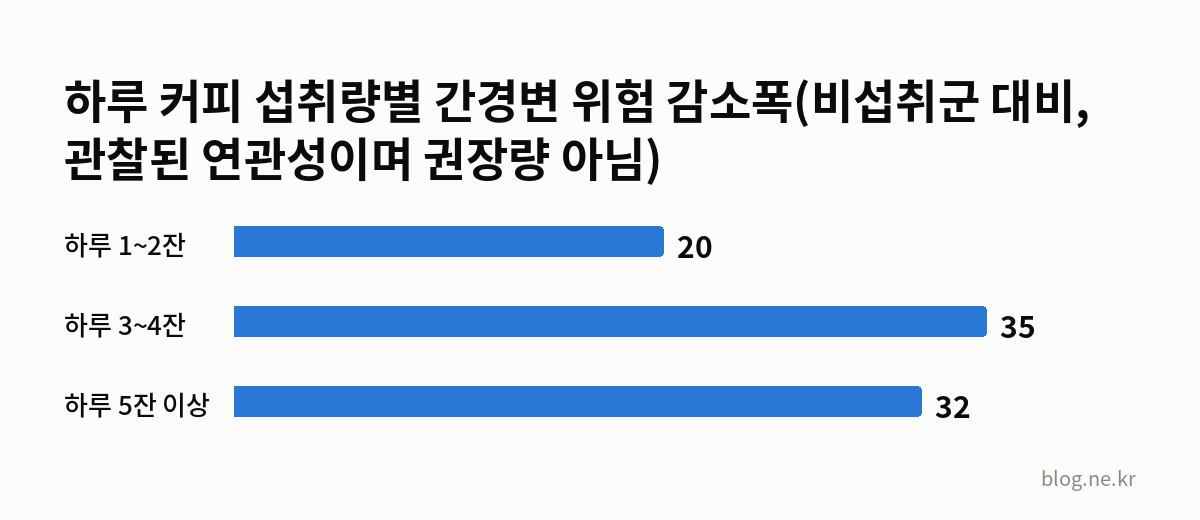 하루 커피 섭취량별 간경변 위험 감소폭(비섭취군 대비, 관찰된 연관성이며 권장량 아님) 인포그래픽