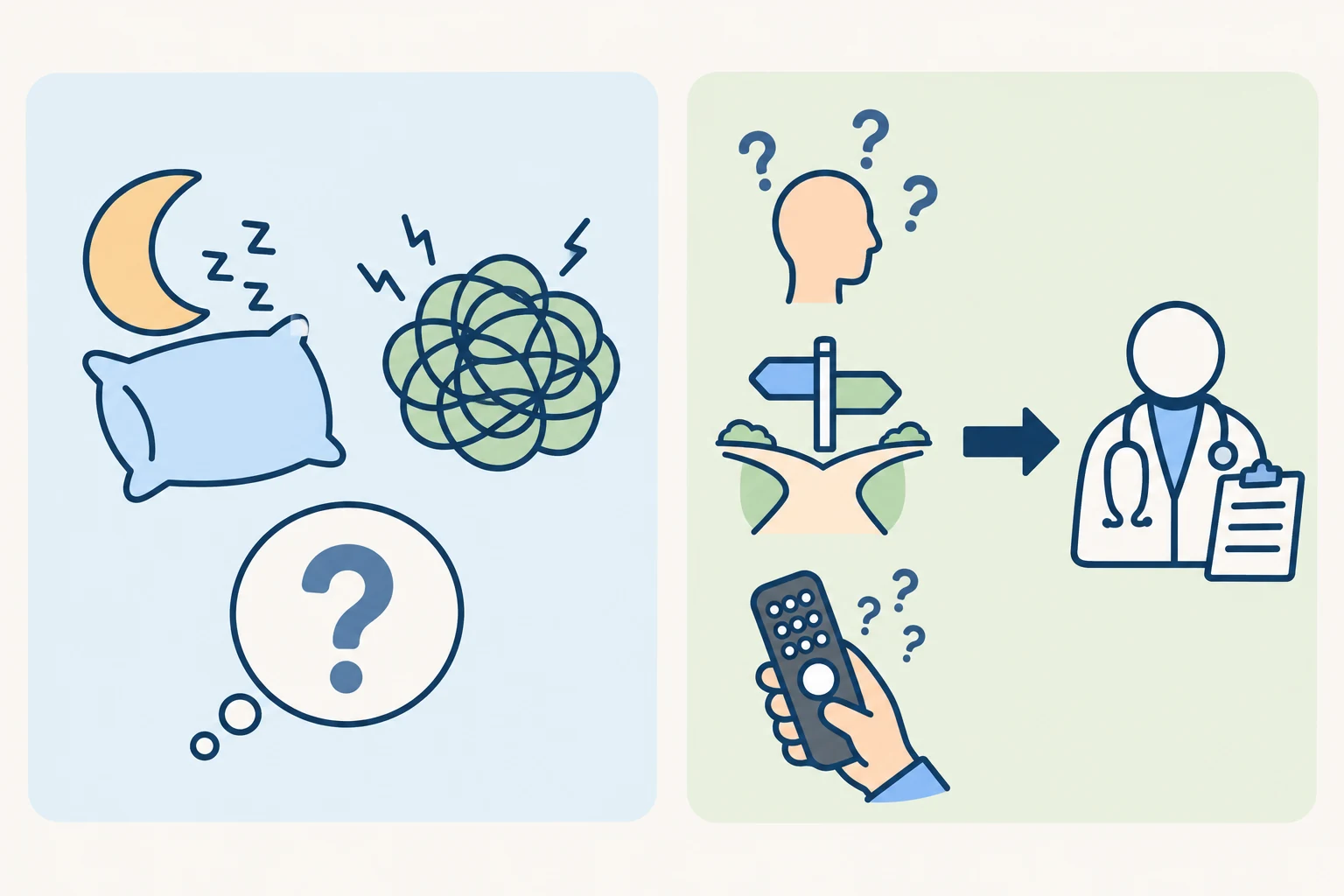 개념 일러스트: two separate categories: possible contributors to forgetfulness versus symptoms that call for a medical checkup
