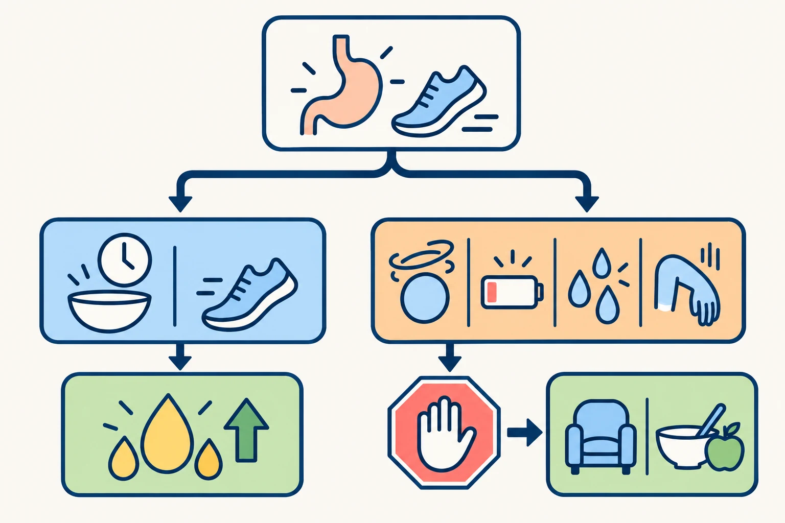 공복 걷기의 조건부 효과와 중단 신호를 나타낸 개념 일러스트